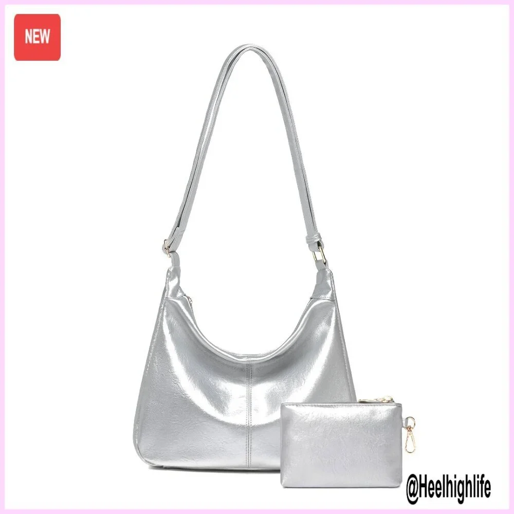 Slouchy Vegan Leather Hobo Bag with Mini Purse Adjustable Crossbody Shoulder